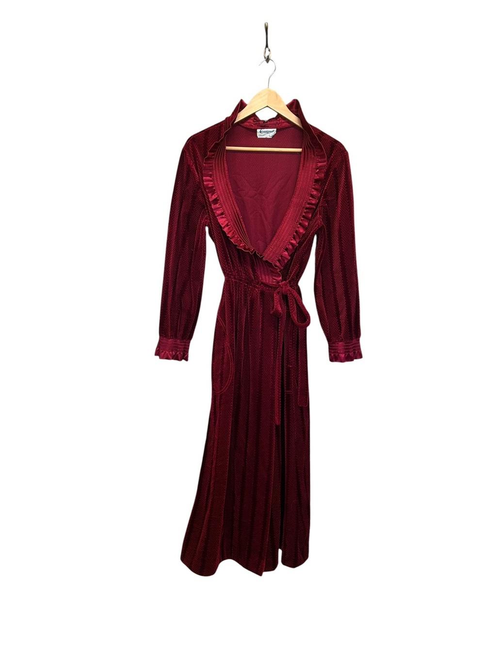 Vintage Conrad Velvet Velour Ruffle Wrap Robe Dress Burgundy Size M
